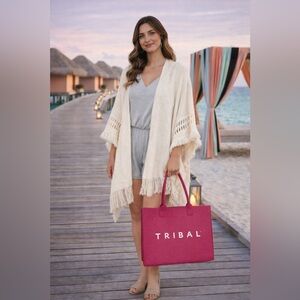 BOHO Cream crochet fusion shawl/poncho one size